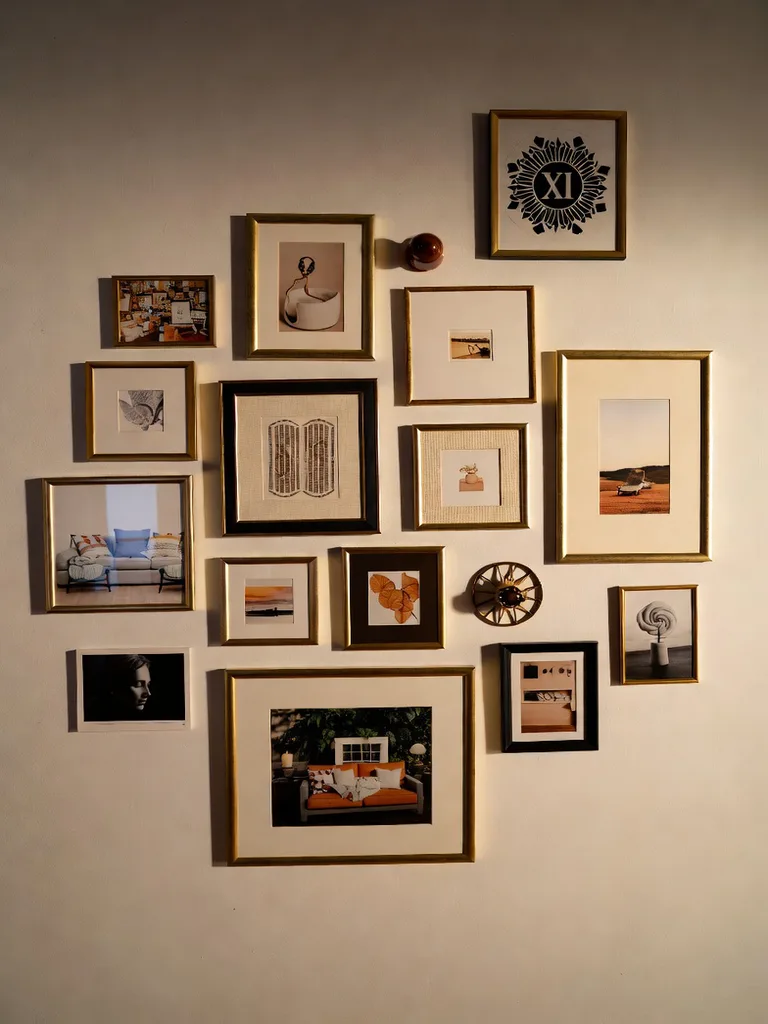 A curated gallery wall with various framed art and photos in a small studio apartment living area, adding personality and ...