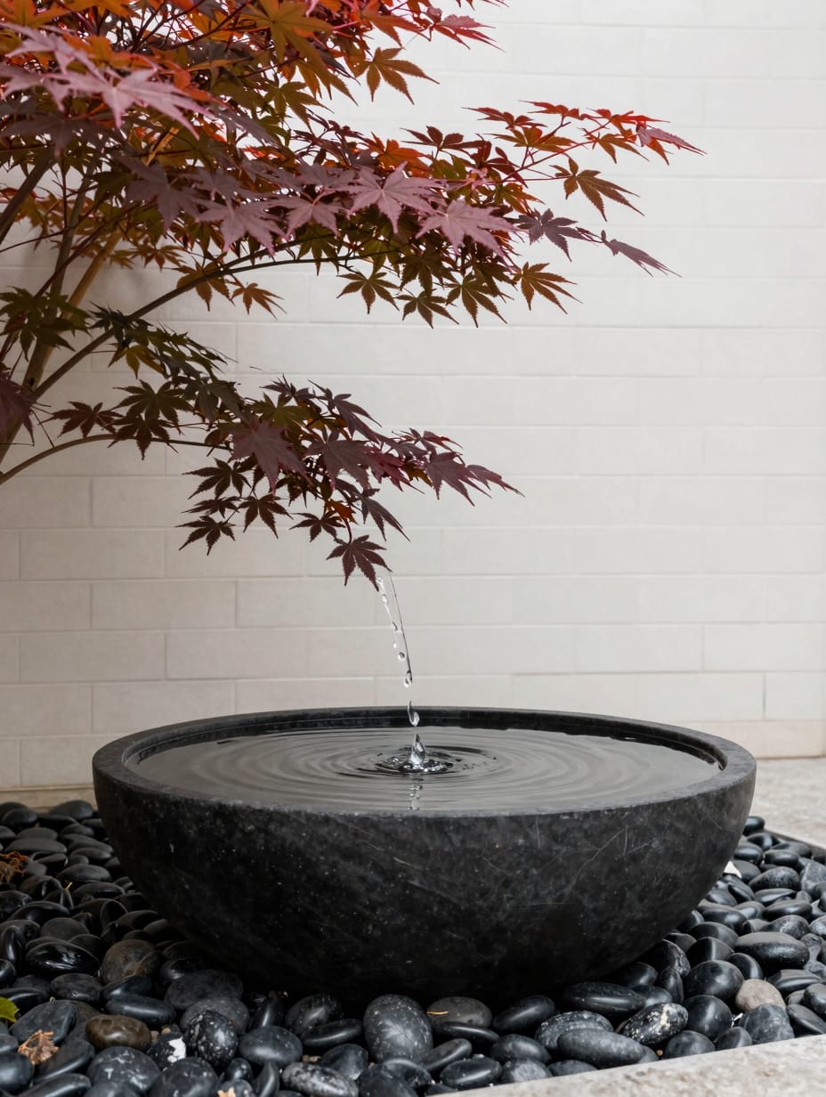 A tranquil Zen reflection water basin with smooth stones and calm water, adding a serene touch to yard landscaping.
