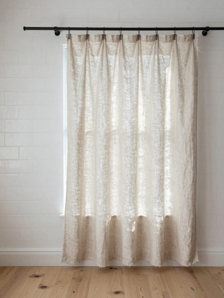 Close-up of sun-drenched white linen cafe tiers hanging on a kitchen window, above sink curtains visible.