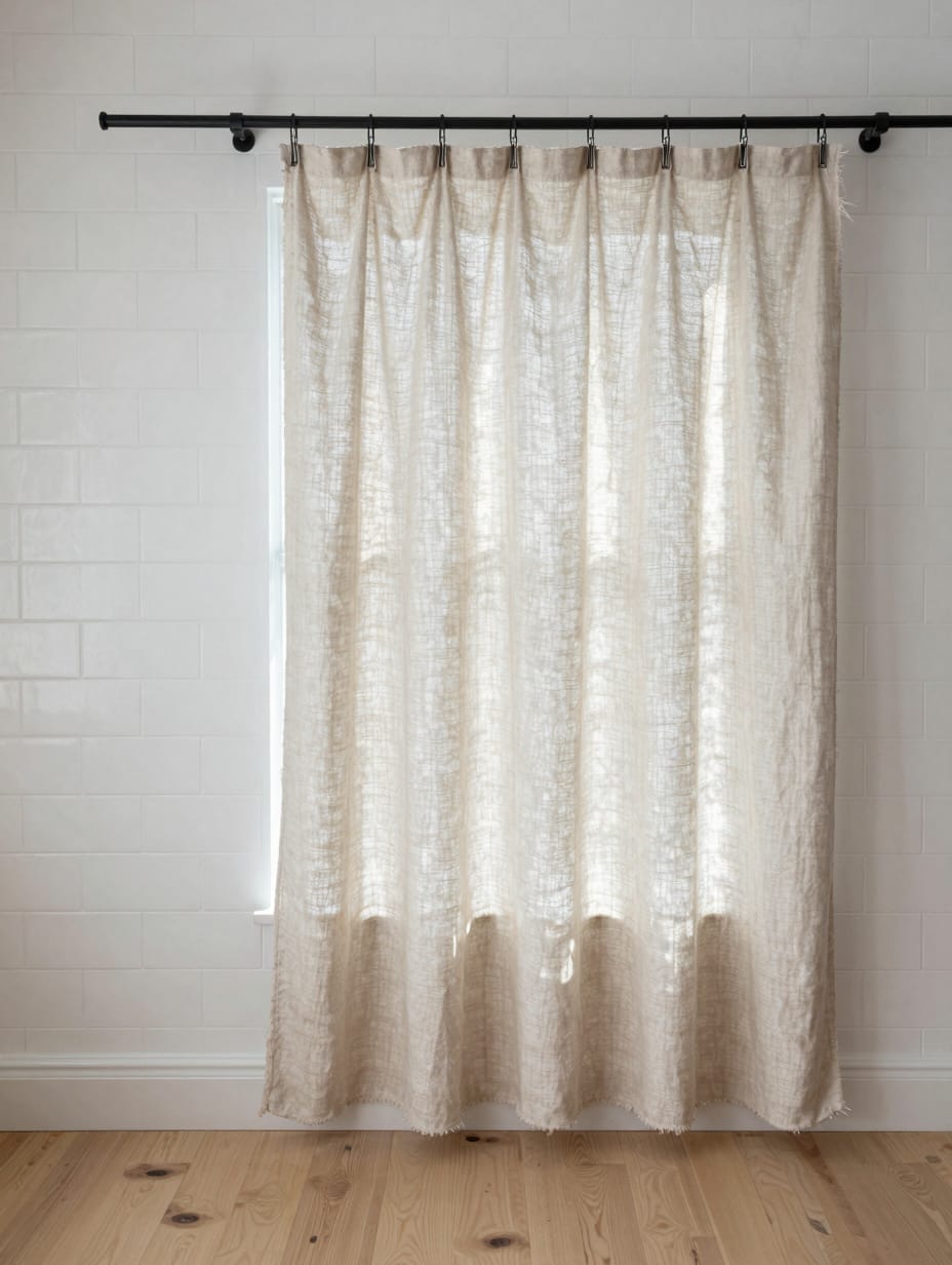 Close-up of sun-drenched white linen cafe tiers hanging on a kitchen window, above sink curtains visible.
