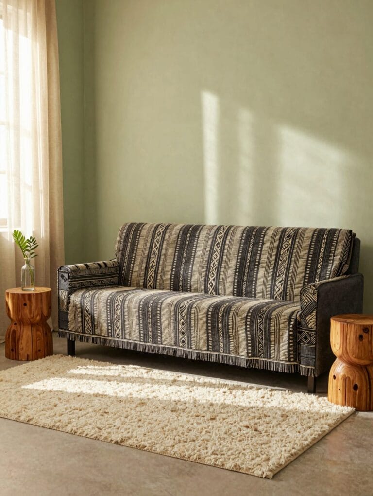 A cozy afro boho living room featuring a white sofa draped in black and white mudcloth textiles and woven pillows.