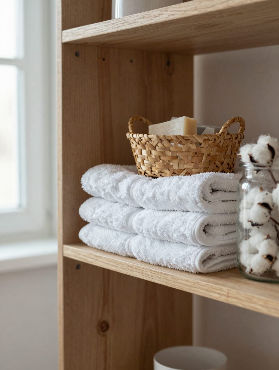 Bathroom shelf with woven baskets, a small plant, and rolled towels, showcasing natural bathroom shelf decor.
