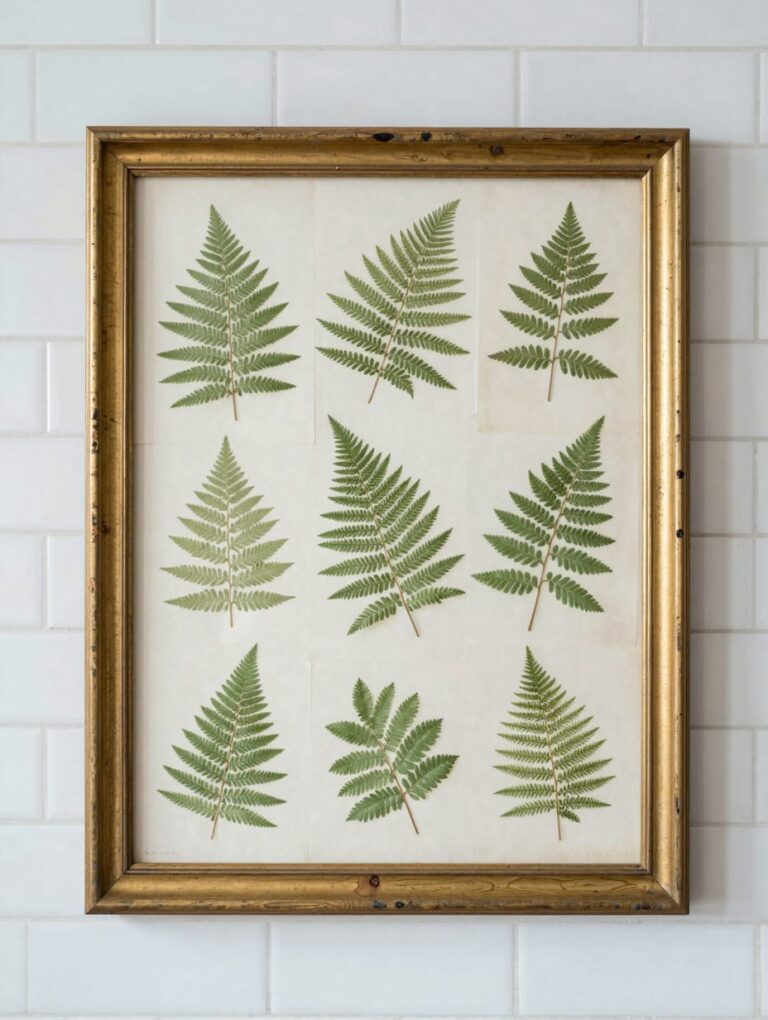 A botanical gallery wall with bathroom wall decor featuring leafy prints in mismatched wooden frames on a white wall.