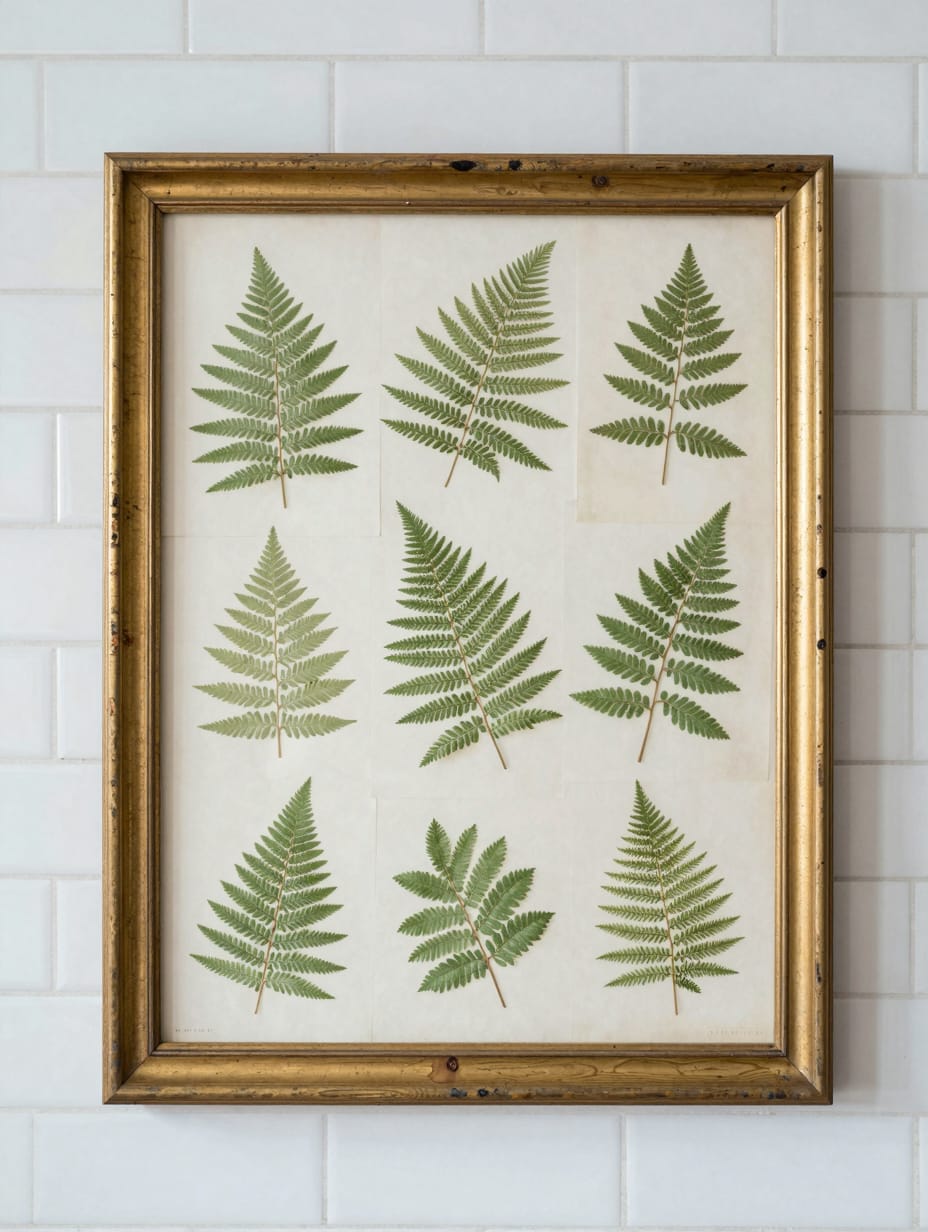 A botanical gallery wall with bathroom wall decor featuring leafy prints in mismatched wooden frames on a white wall.
