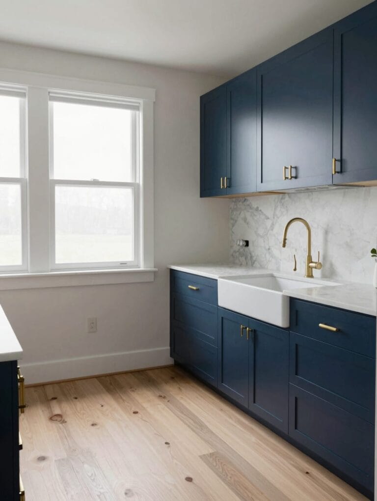 Deep navy blue kitchen cabinets with polished gold hardware in a modern kitchen.