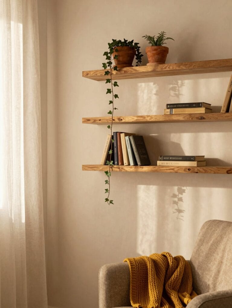 White floating bookshelf ideas filled with colorful books, mounted on a light gray wall in a cozy, compact reading space.