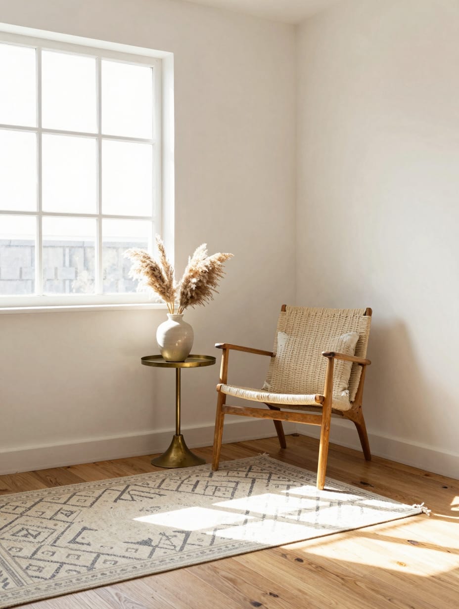 Close up of budget home decor featuring a vintage brass lamp and ceramic vase on a wooden side table.