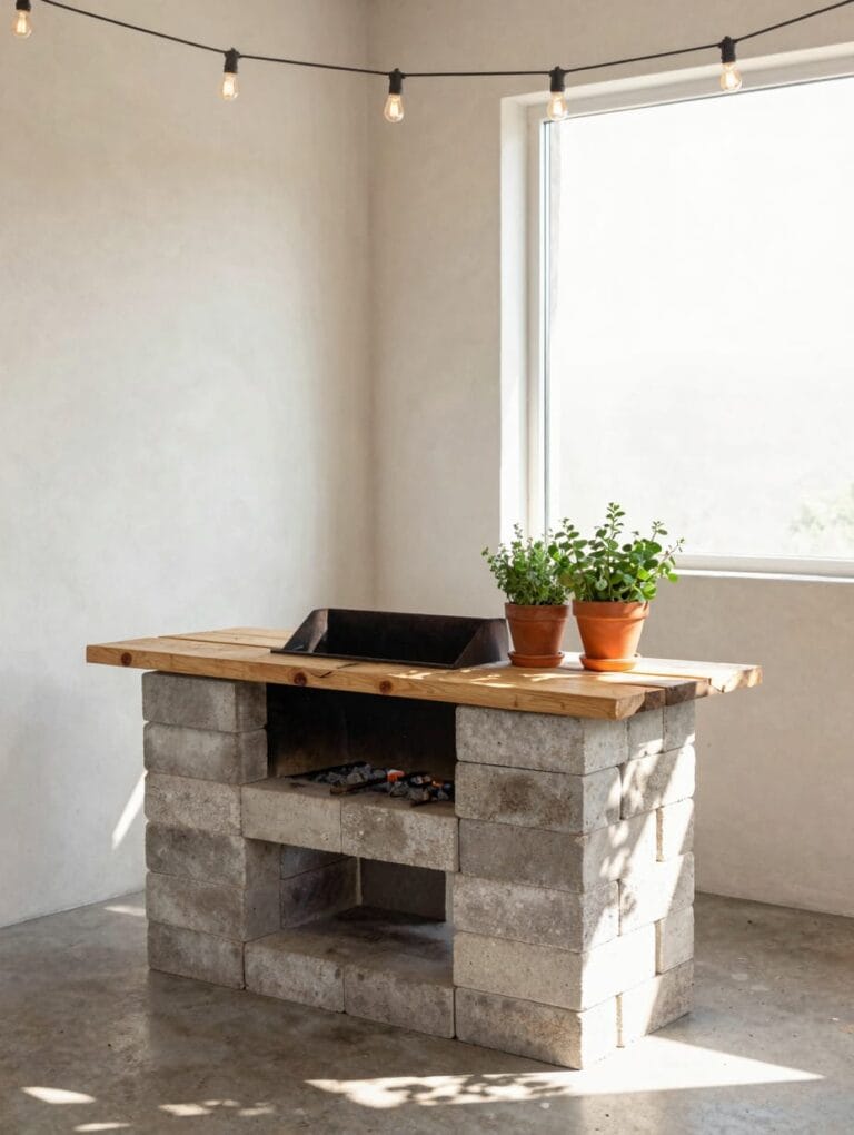 A DIY budget outdoor kitchen featuring a grey cinder block grill station topped with natural cedar wood planks.