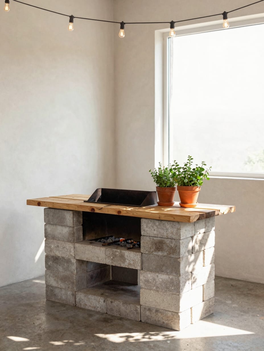 A DIY budget outdoor kitchen featuring a grey cinder block grill station topped with natural cedar wood planks.