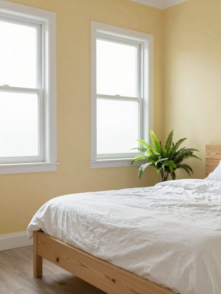 A cozy bedroom with soft butter yellow walls, a white bed, and light wood furniture.