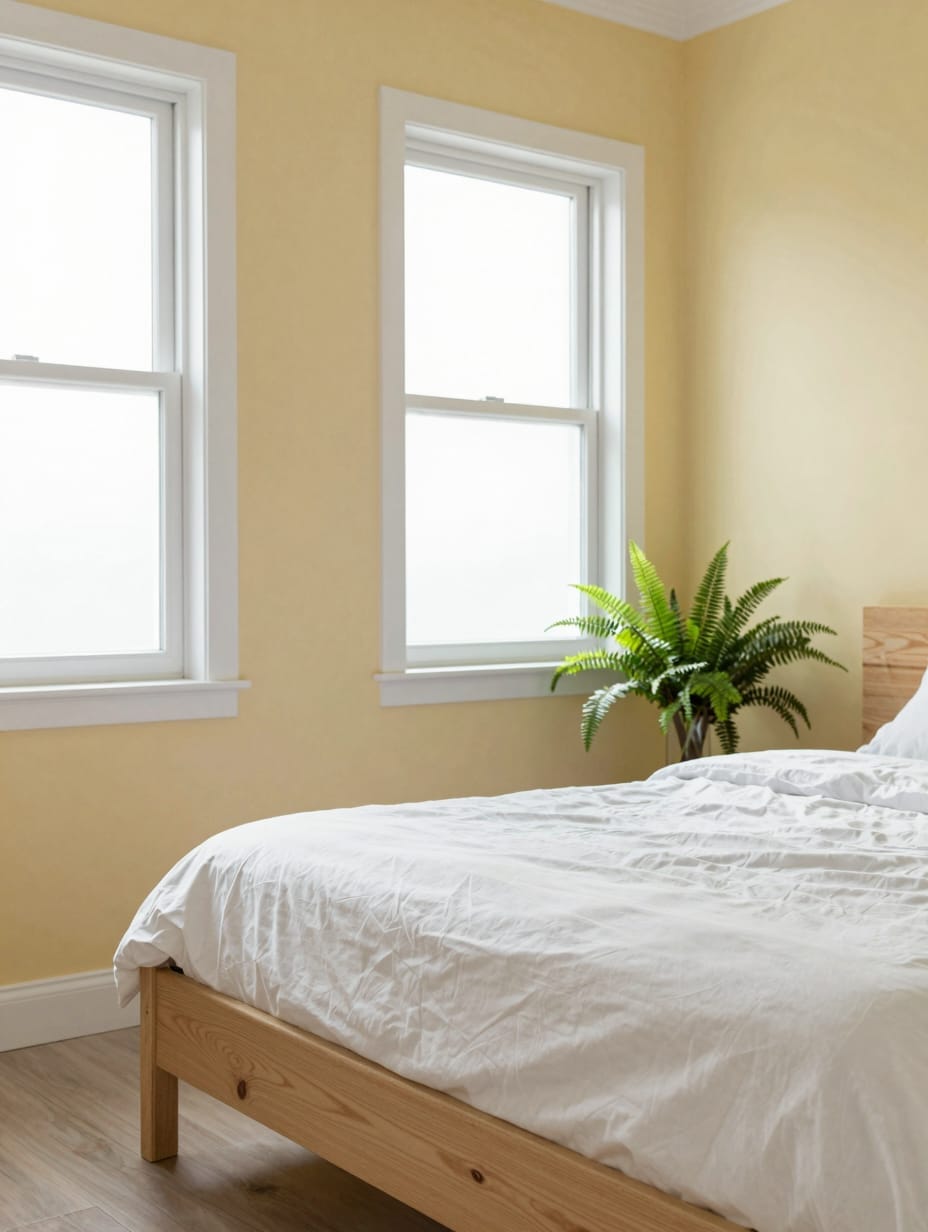 A cozy bedroom with soft butter yellow walls, a white bed, and light wood furniture.