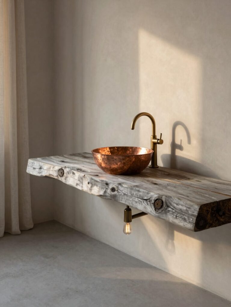 A rustic cabin bathroom decor setup featuring a floating vanity made from thick reclaimed barn wood against a slate wall.