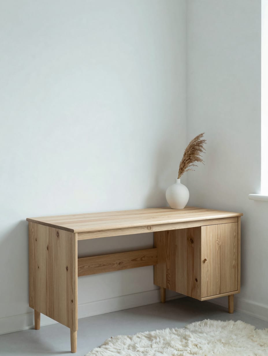 Light wood corner desk in a minimalist Scandinavian home office with a plant.