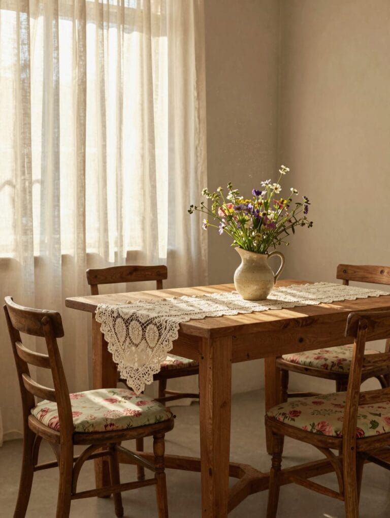 Sun-drenched cottagecore breakfast nook with lace overlays, wooden table, and ceramic mugs.