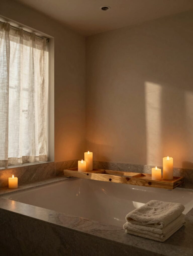 A bathroom with warm, layered lighting, including sconces and candles, creating cozy bathroom ideas atmosphere.