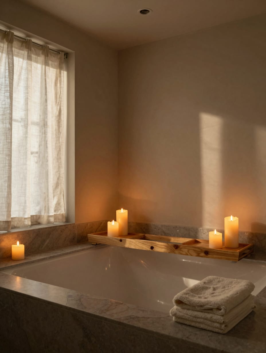 A bathroom with warm, layered lighting, including sconces and candles, creating cozy bathroom ideas atmosphere.