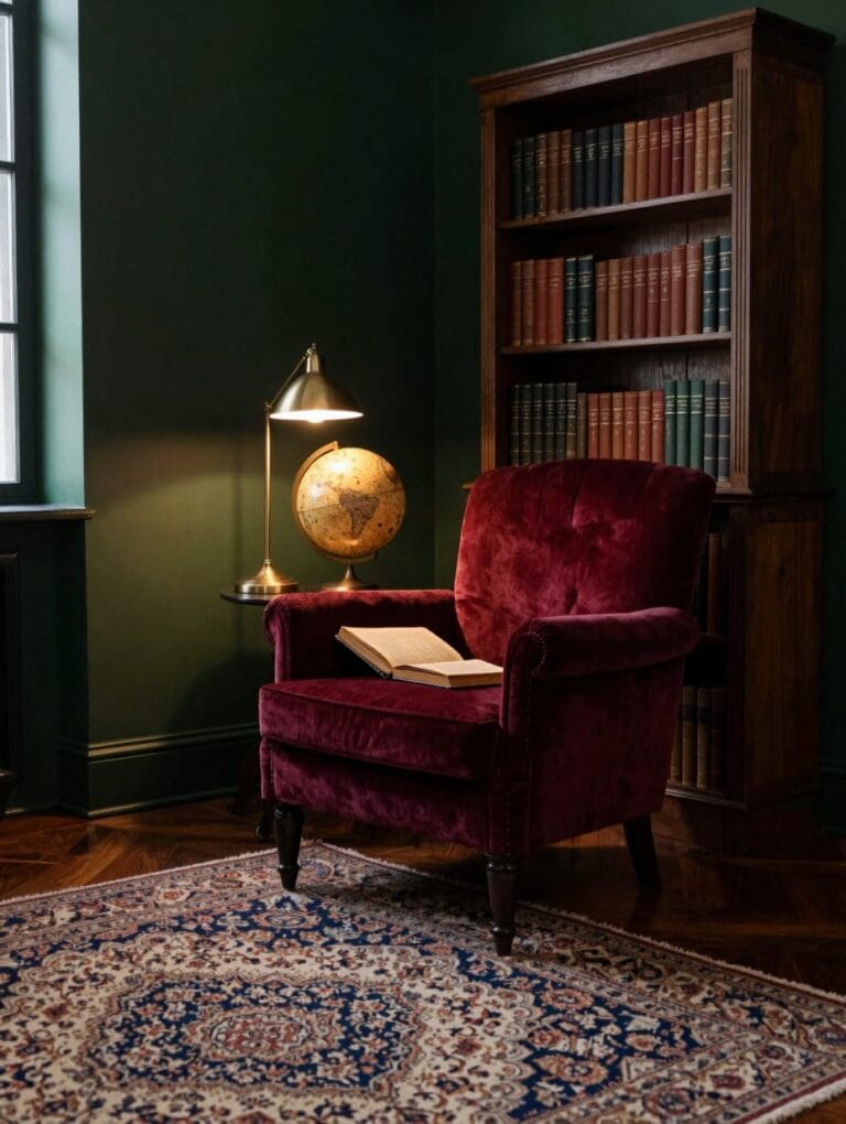 Dark academia bedroom with a rich wooden desk, antique books, and warm lamplight.