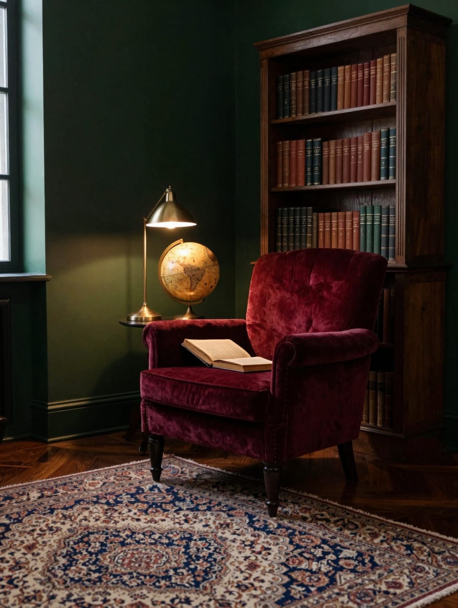 Dark academia bedroom with a rich wooden desk, antique books, and warm lamplight.