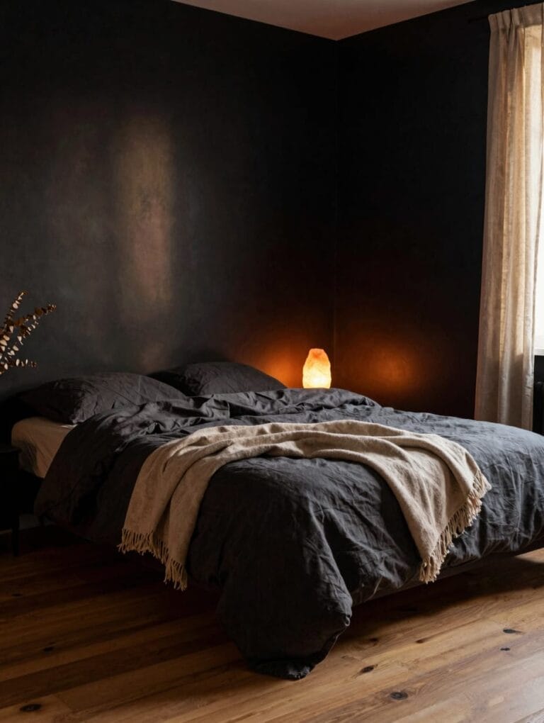 A dark boho bedroom featuring charcoal grey linen bedding and a warm amber lamp glowing on a bedside table.