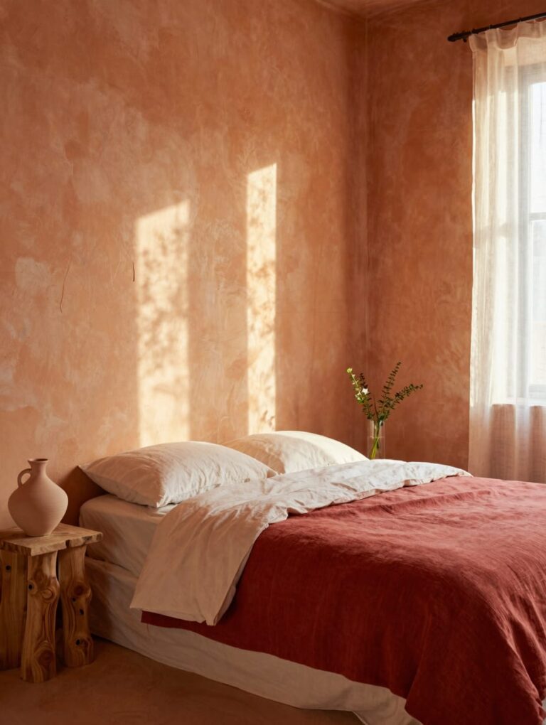 Close up of terracotta pots and clay vases on a wooden nightstand with earthy bedroom ideas decor.