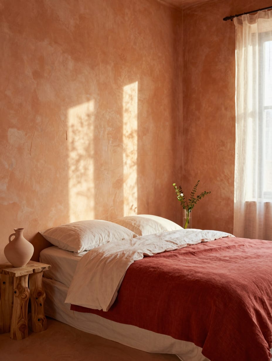 Close up of terracotta pots and clay vases on a wooden nightstand with earthy bedroom ideas decor.