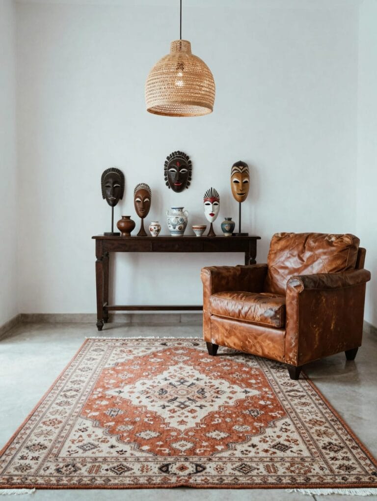 Eclectic living room featuring global decor like a carved wooden coffee table and woven rug.