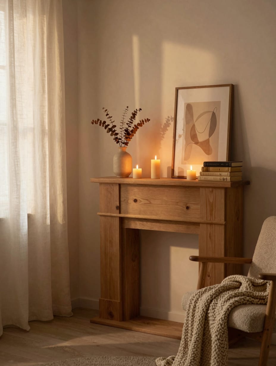 A neatly arranged fireplace mantel with a eucalyptus garland, white vases, and decorative books, enhancing living room coz...