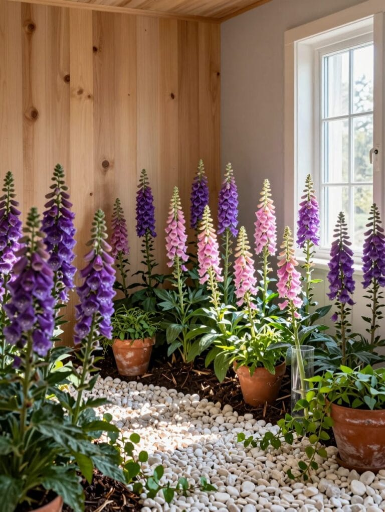 A romantic English cottage front yard flower bed ideas with pink foxgloves, white delphiniums, and stone path.