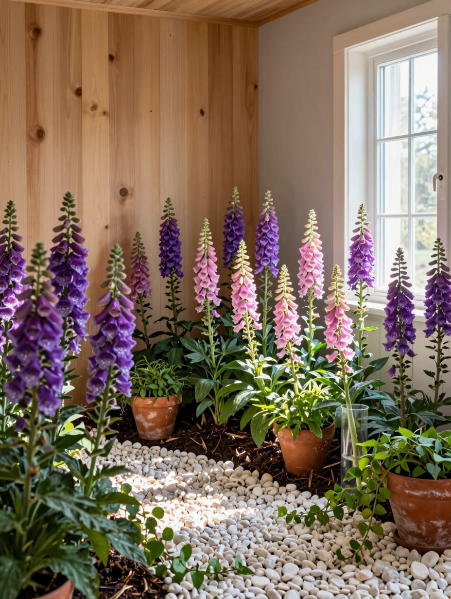 A romantic English cottage front yard flower bed ideas with pink foxgloves, white delphiniums, and stone path.