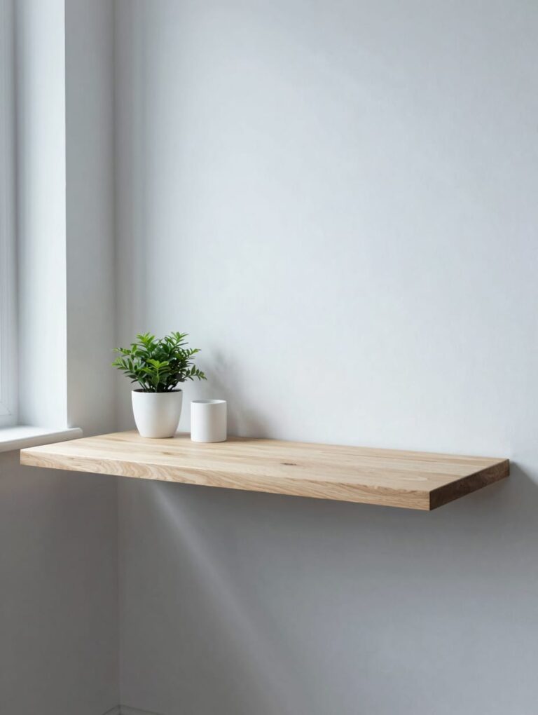 Modern floating home office corner desk mounted on a wall in a minimalist room, with a laptop and a small plant.