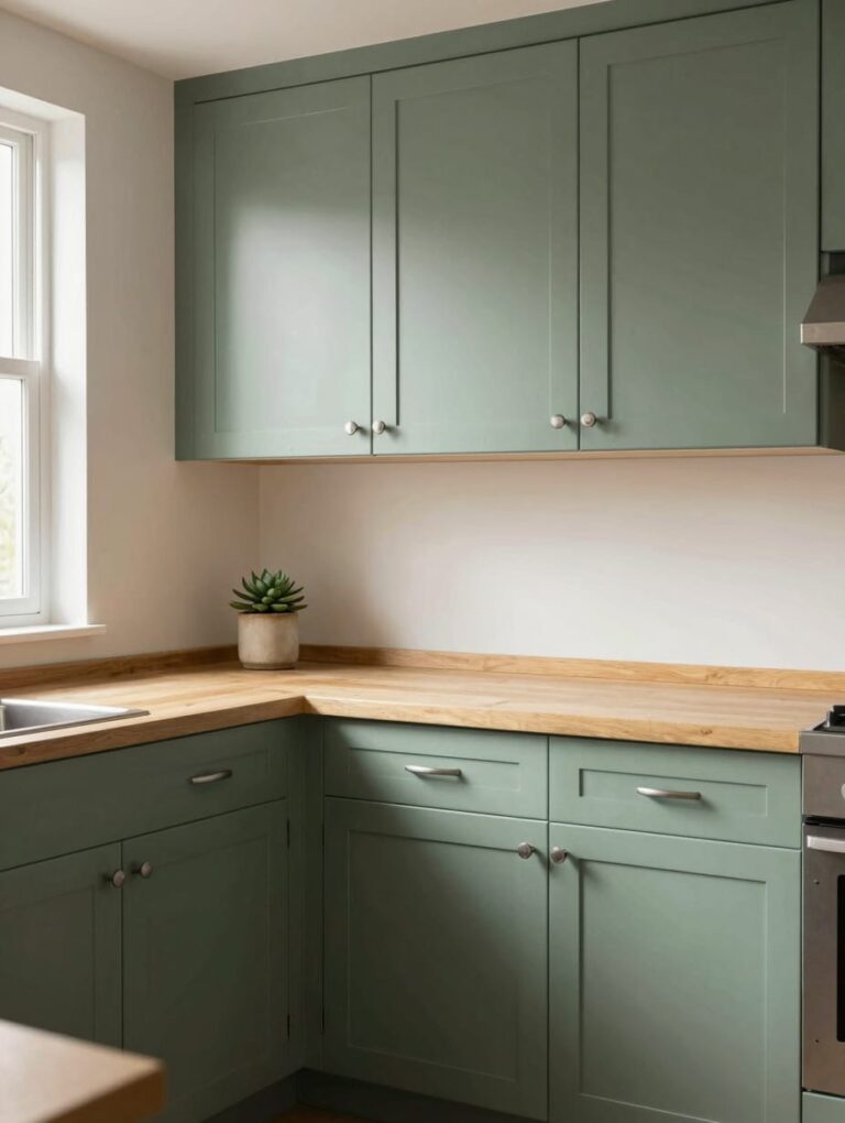 Kitchen with sage green lower cabinets and white upper cabinets, focus on kitchen cabinet colors