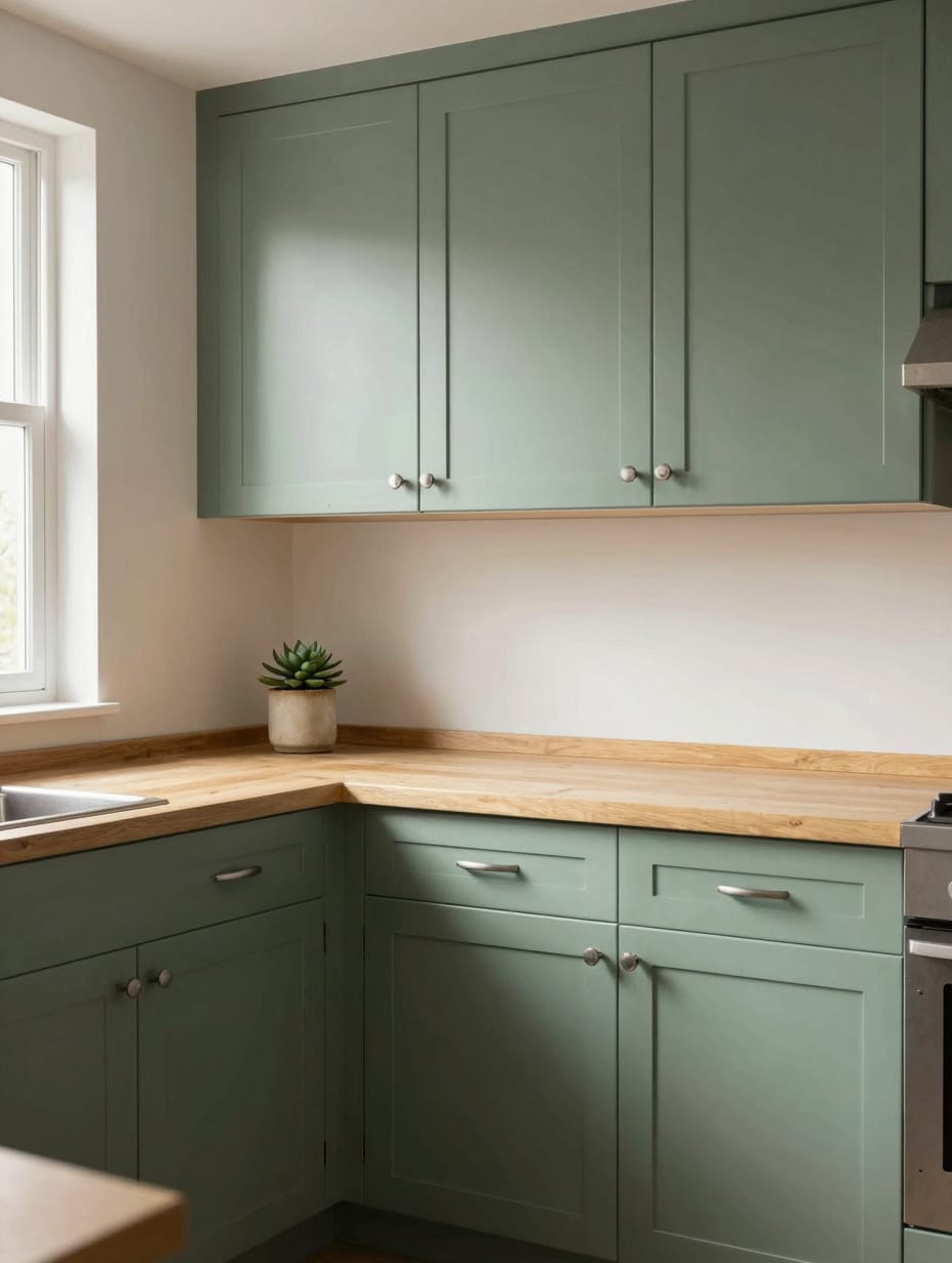 Kitchen with sage green lower cabinets and white upper cabinets, focus on kitchen cabinet colors
