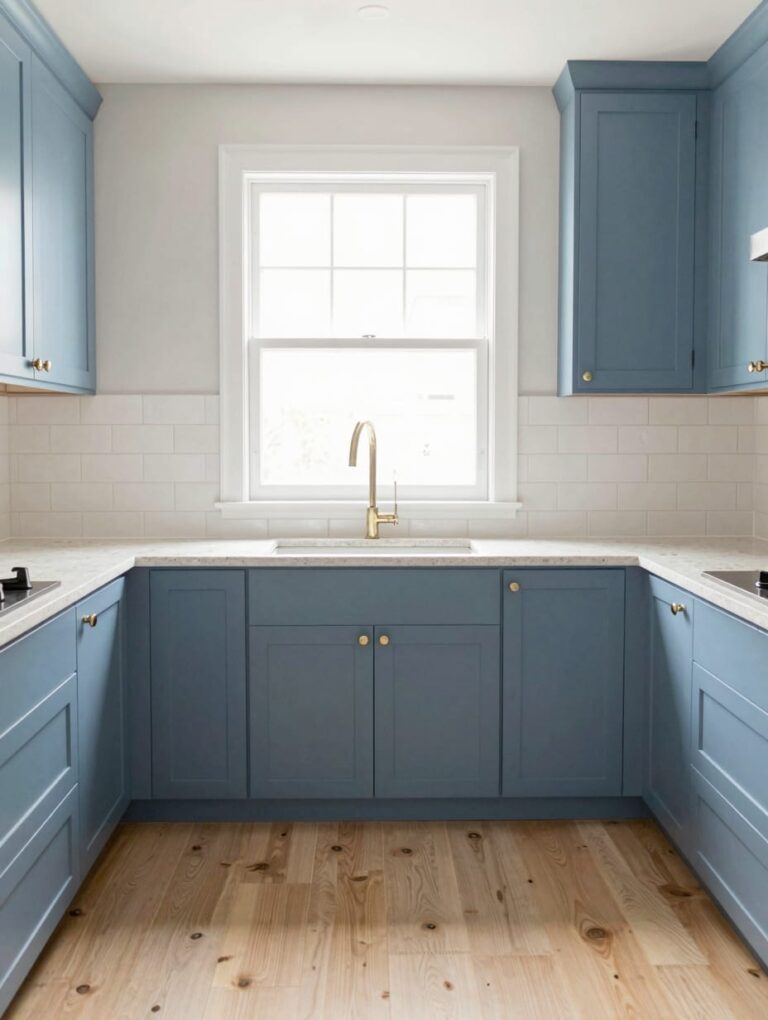 A bright kitchen featuring azure blue walls and sandy beige cabinetry, decorated with wicker baskets. Kitchen color schemes.