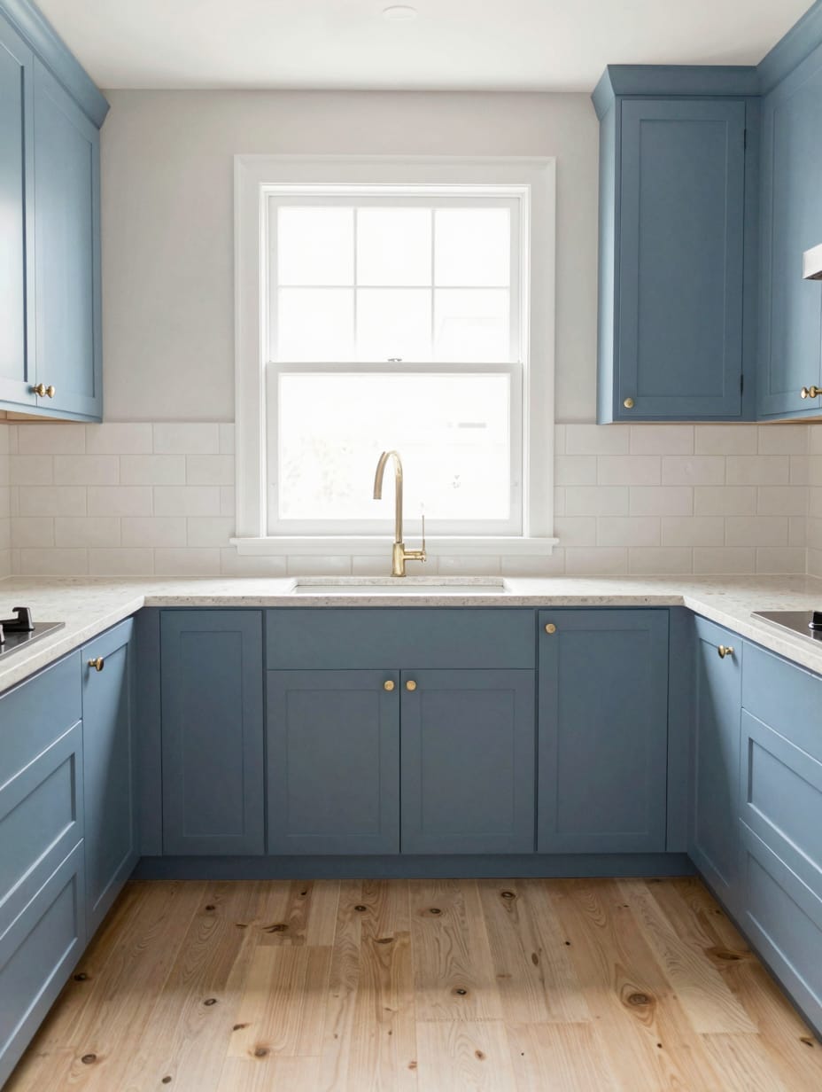 A bright kitchen featuring azure blue walls and sandy beige cabinetry, decorated with wicker baskets. Kitchen color schemes.
