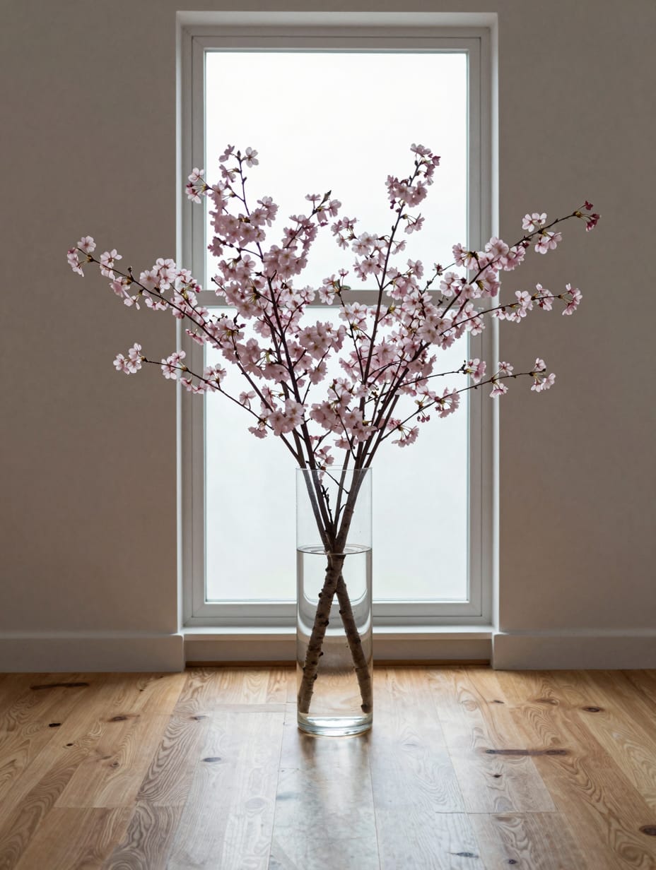 A large glass vase with tall green olive branches used as kitchen island decor on a white marble countertop.