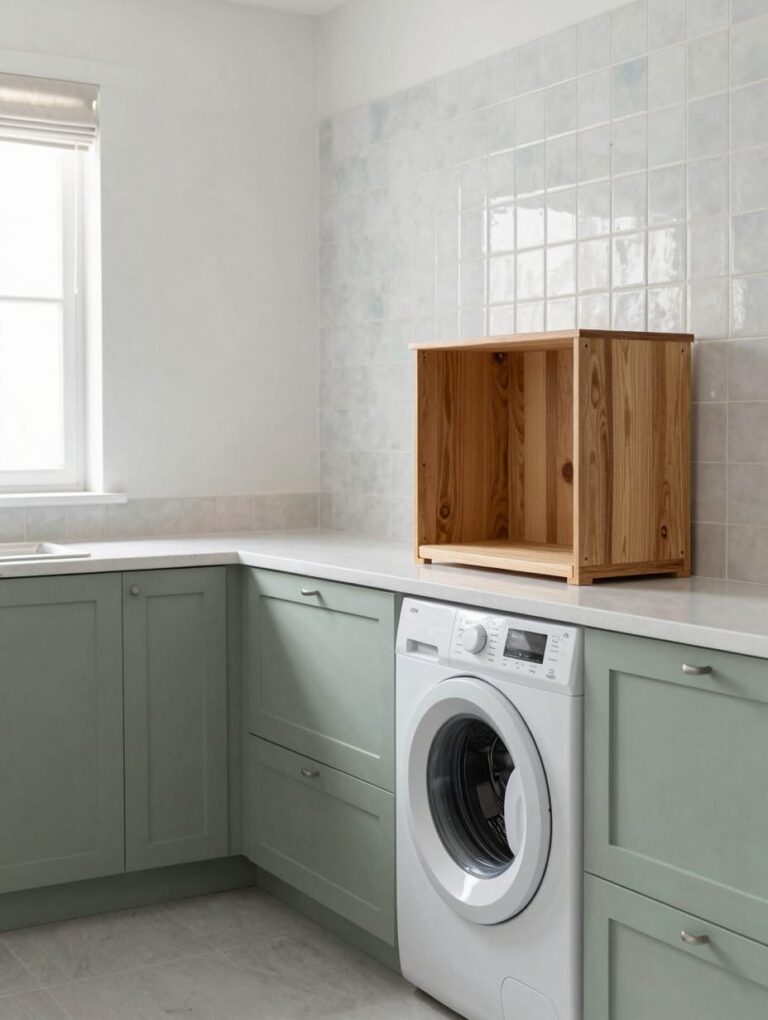 A sun-drenched laundry room with sage green cabinets, laundry room ideas, and a wooden countertop.