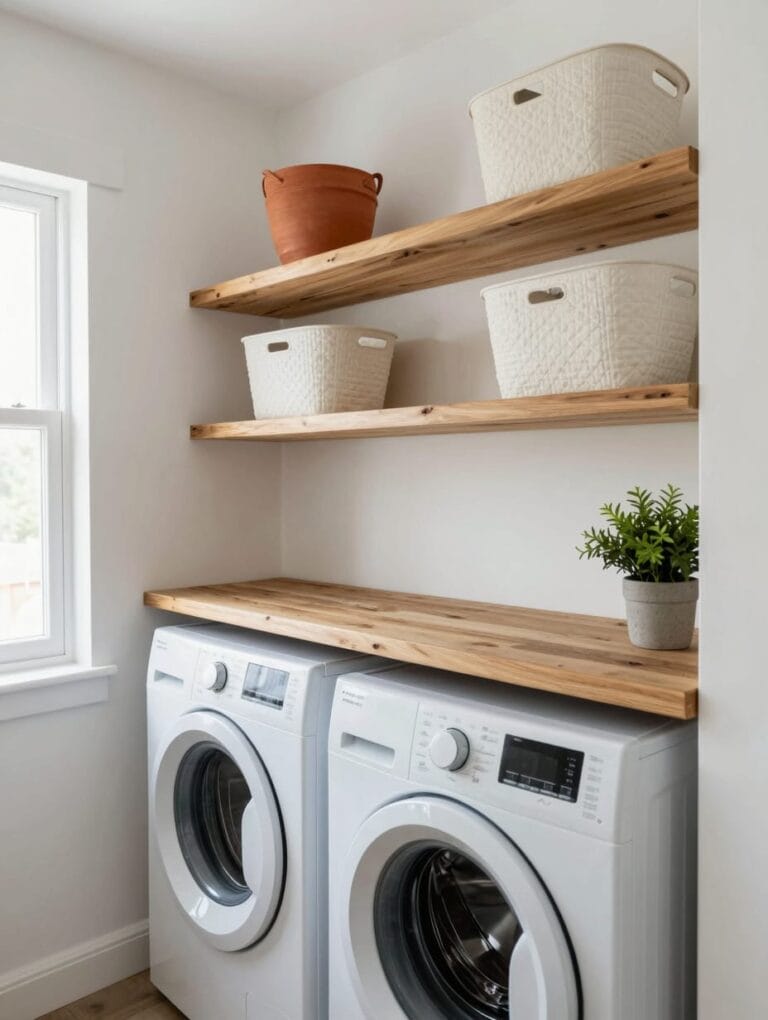 A beautifully organized laundry room remodel featuring open shelving with neatly folded towels and decorative baskets, sho...