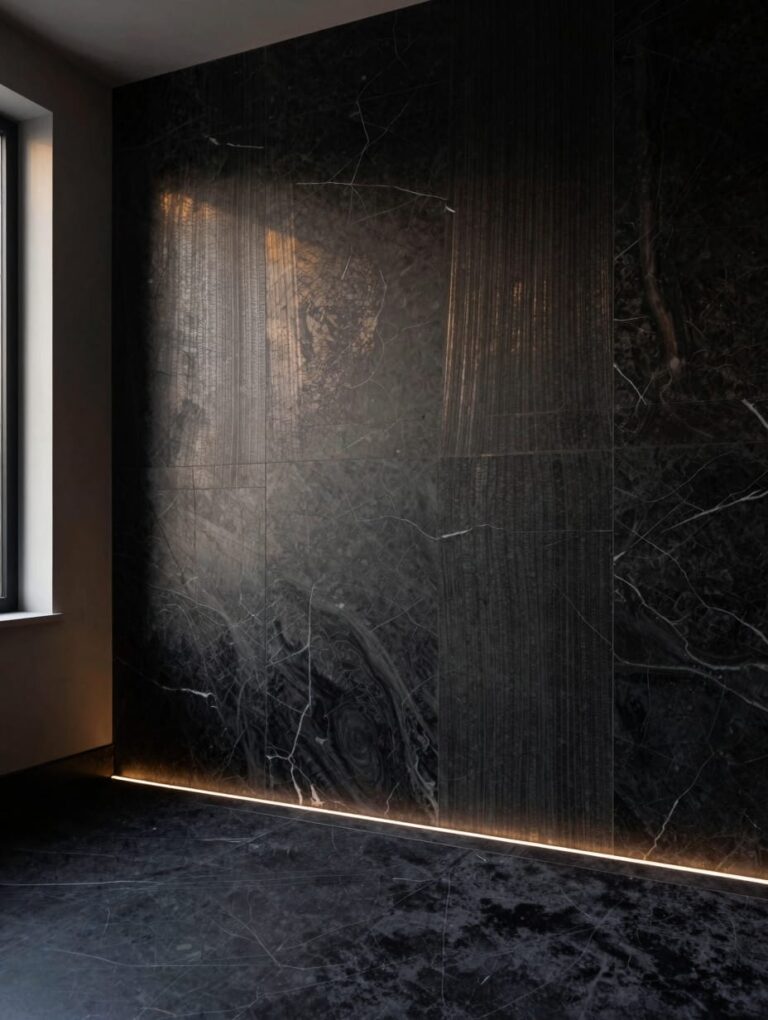 Close up of living room wall designs featuring dark obsidian fluted marble panels with deep vertical grooves and shadows.