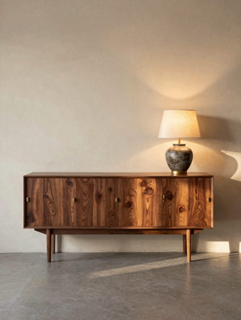 A sculptural walnut sideboard with tapered legs and grain detail showcasing mid century modern decor in a bright room.