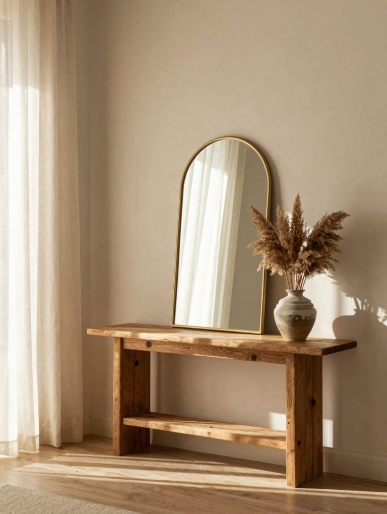 Full-length mirror decor ideas in a bright entryway, reflecting natural light