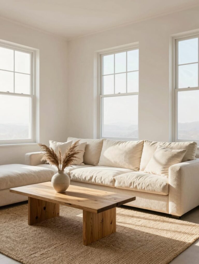 A modern minimalist living room featuring a serene palette of soft neutral colors, with a cozy sofa and clean lines.