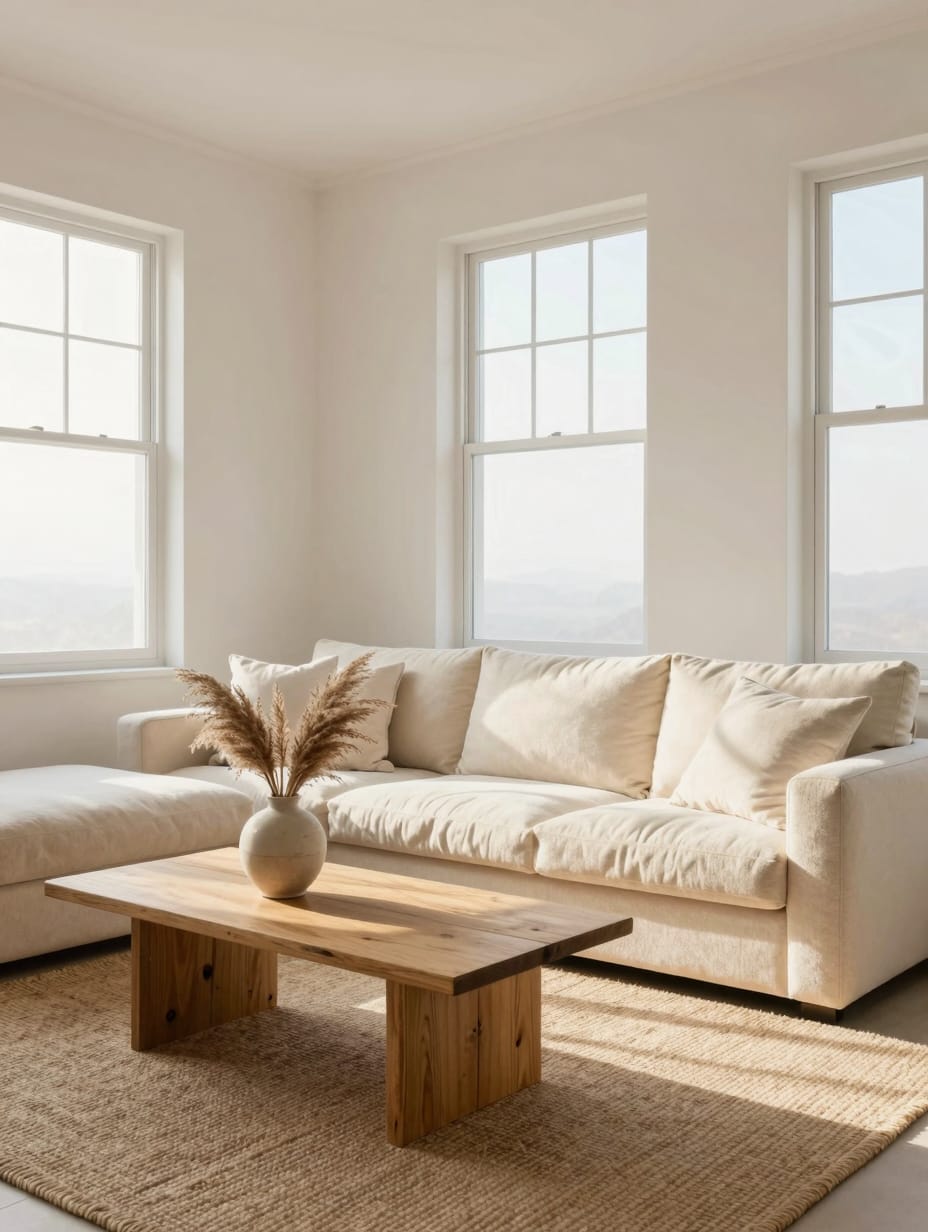 A modern minimalist living room featuring a serene palette of soft neutral colors, with a cozy sofa and clean lines.