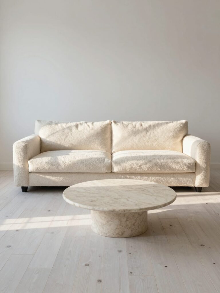 A modern open layout living room featuring a grey floating sofa positioned in the center of the wooden floor.