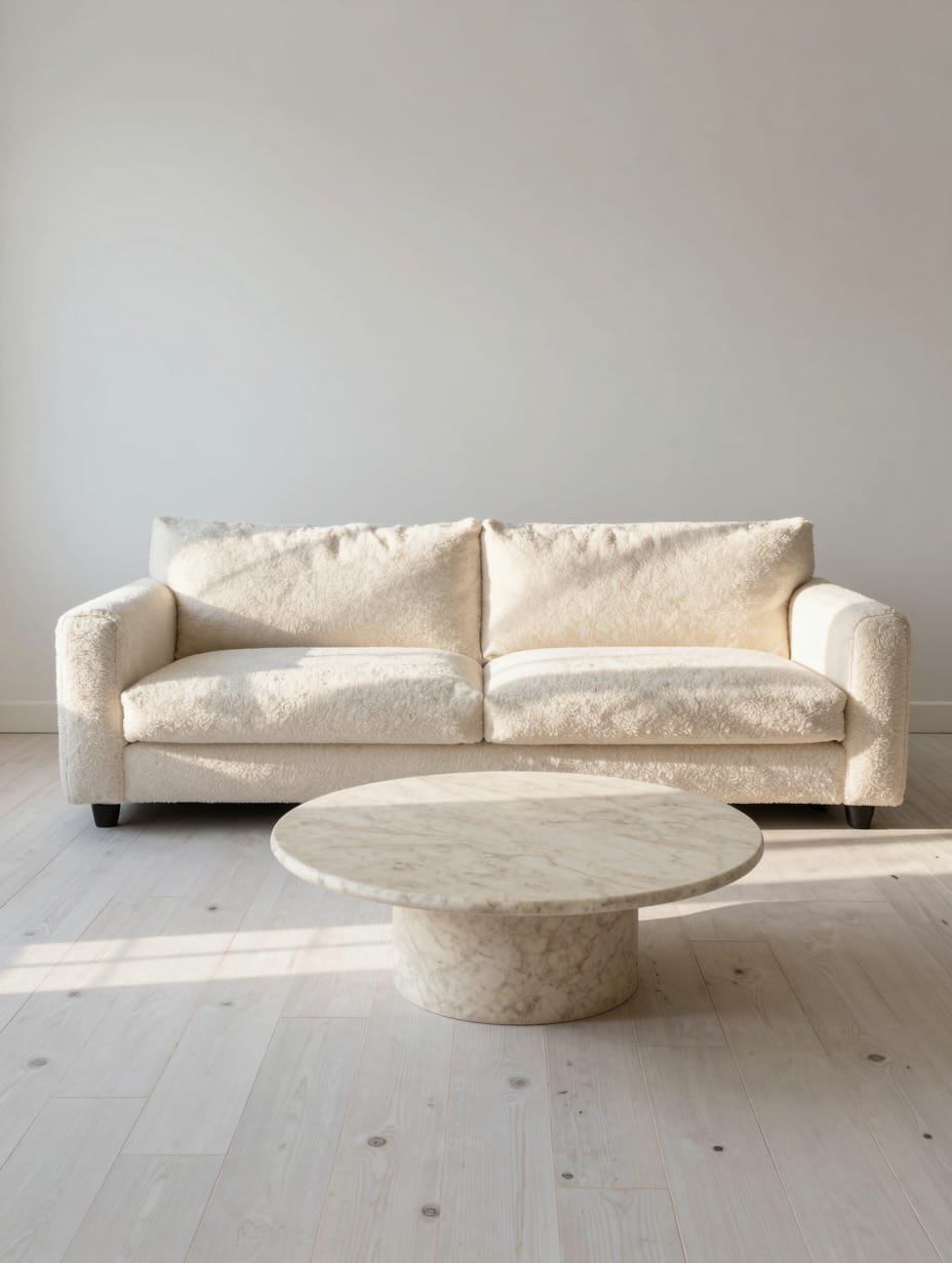 A modern open layout living room featuring a grey floating sofa positioned in the center of the wooden floor.