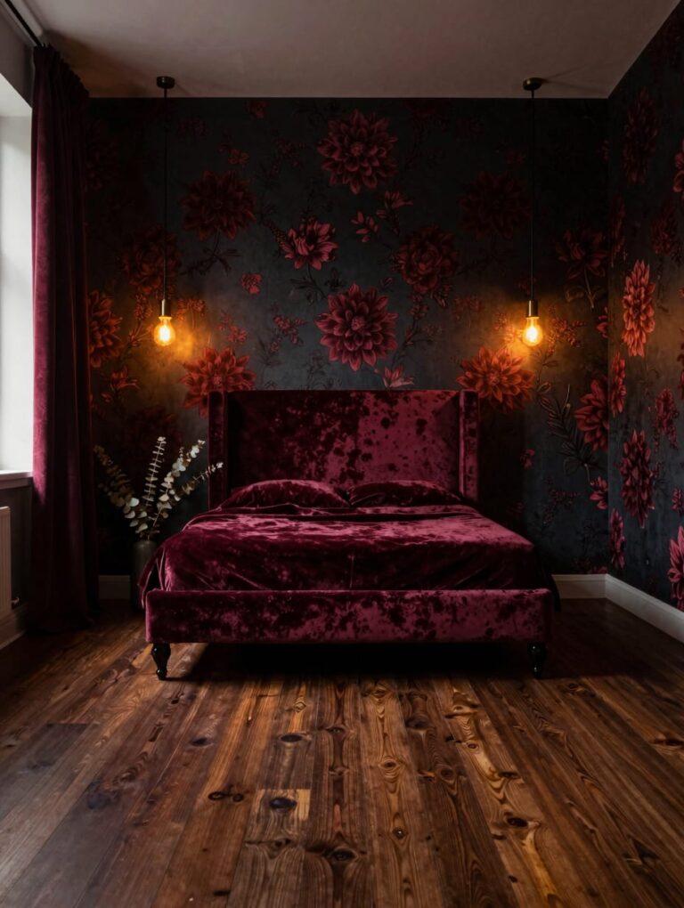 A pattern drenching bedroom featuring dark green walls and bedding with a bold botanical print.