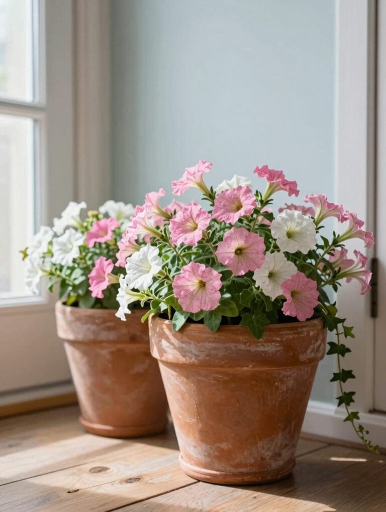 Terracotta porch planter ideas with pink petunias and white alyssum by a front door.