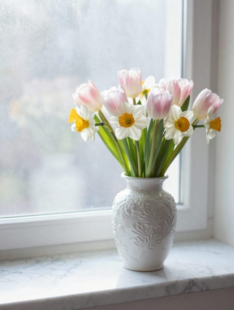A white powder room vanity with a small clear glass vase holding a single pink peony, reflecting fresh powder room spring ...