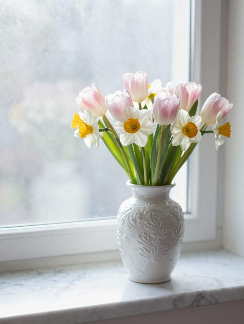A white powder room vanity with a small clear glass vase holding a single pink peony, reflecting fresh powder room spring ...
