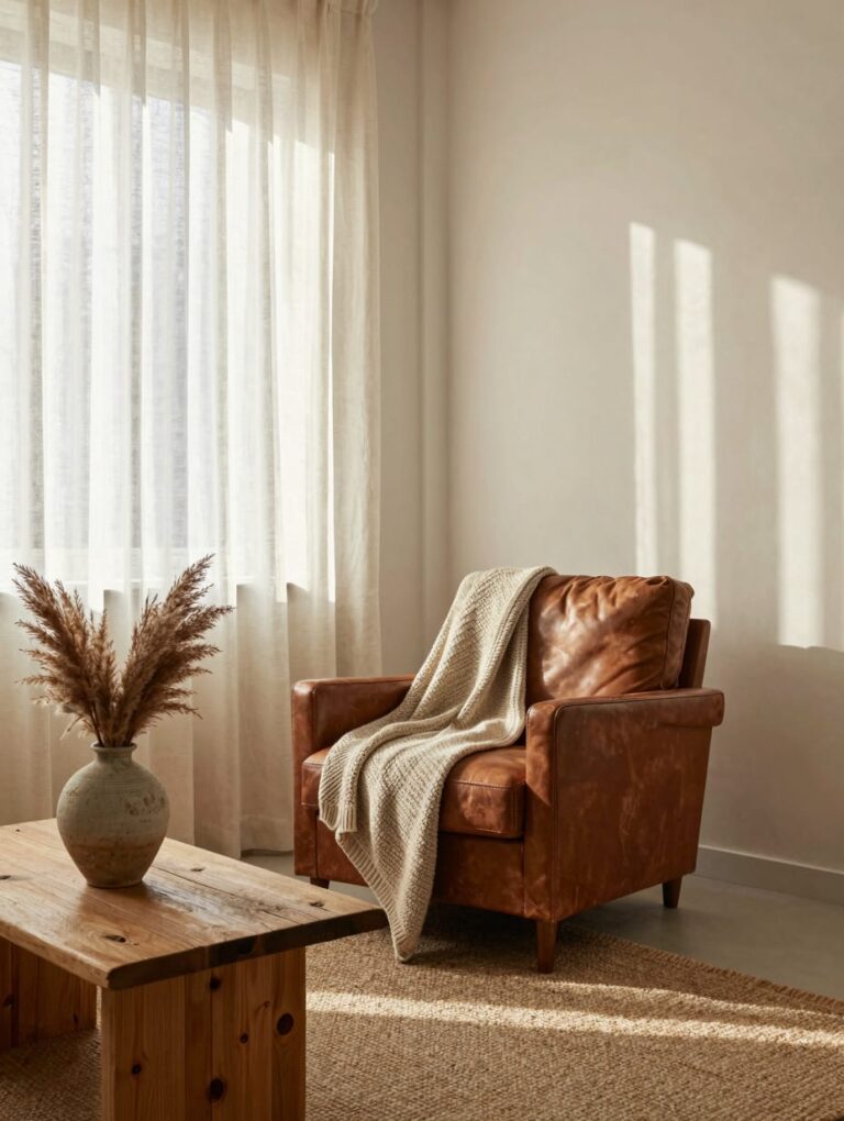 A cozy living room featuring a warm earthy color palette, textured throw blankets, and rustic home decor.