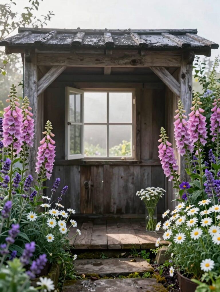 A rustic garden shed landscaping ideas featuring a dense border of colorful wildflowers and tall green grasses.
